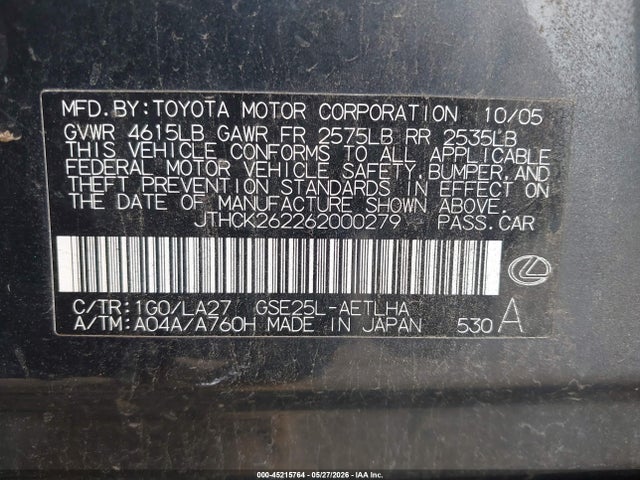 Aukcja sprzedaży 2006 Lexus Is 250, vin: JTHCK262262000279, numer aukcji: 45215764