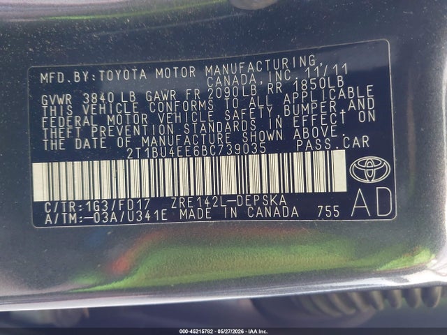 Aukcja sprzedaży 2011 Toyota Corolla S, vin: 2T1BU4EE6BC739035, numer aukcji: 45215782