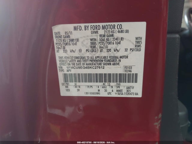 Продаж на аукціоні авто 2011 Ford Escape Limited, vin: 1FMCU9EG4BKC27612, номер лоту: 45215785