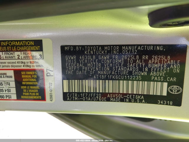2012 Toyota Camry Se მანქანა იყიდება აუქციონზე, vin: 4T1BF1FK6CU112235, აუქციონის ნომერი: 45215804