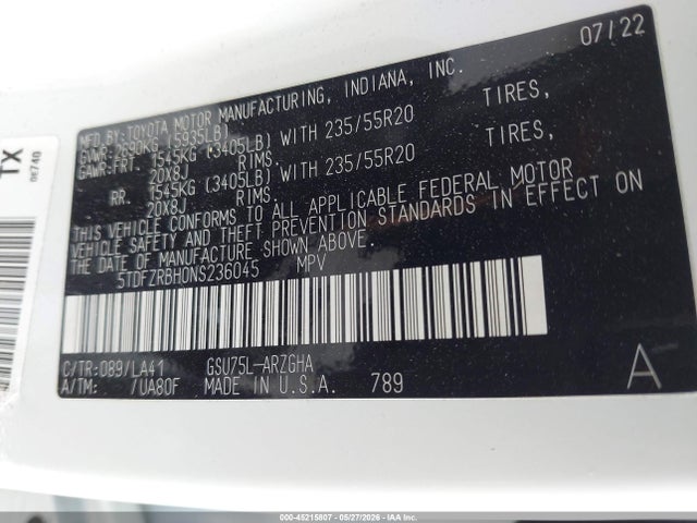 5TDFZRBH0NS236045 Toyota Highlander Platinum