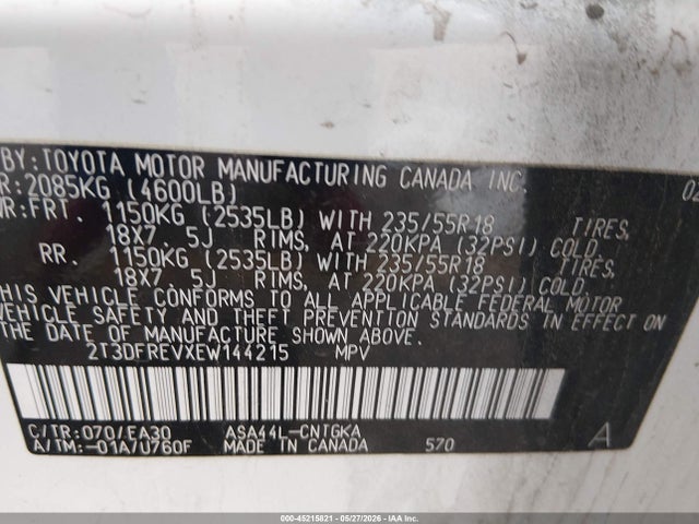 2T3DFREVXEW144215 Toyota Rav4 Limited