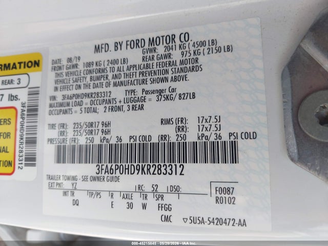 2019 Ford Fusion Se მანქანა იყიდება აუქციონზე, vin: 3FA6P0HD9KR283312, აუქციონის ნომერი: 45215845