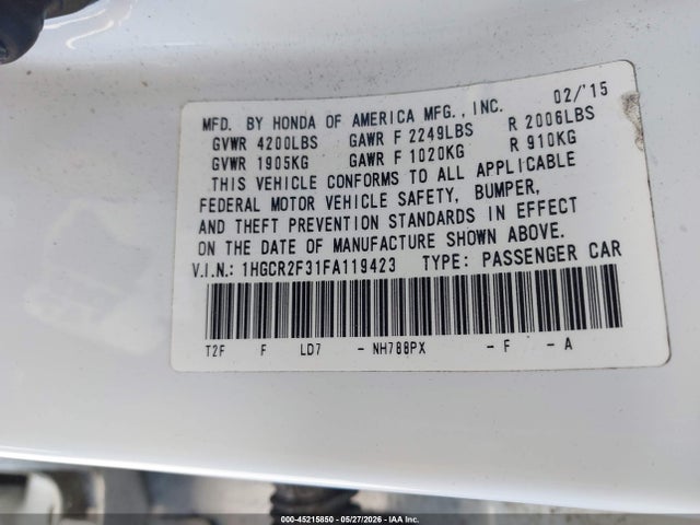 Honda ACCORD LX 2015 1HGCR2F31FA119423 Image 9
