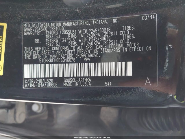 Aukcja sprzedaży 2014 Toyota Highlander Xle V6, vin: 5TDKKRFH6ES016678, numer aukcji: 45215852