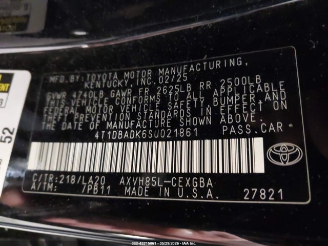 Aukcja sprzedaży 2025 Toyota Camry Xle, vin: 4T1DBADK6SU021861, numer aukcji: 45215861
