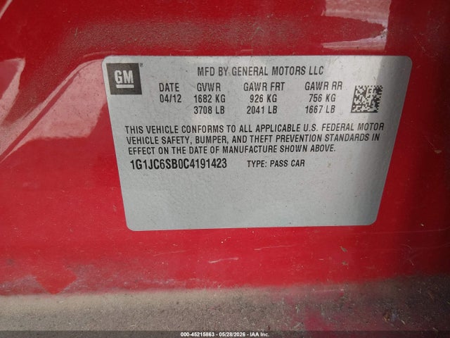 Aukcja sprzedaży 2012 Chevrolet Sonic 2lt, vin: 1G1JC6SB0C4191423, numer aukcji: 45215863