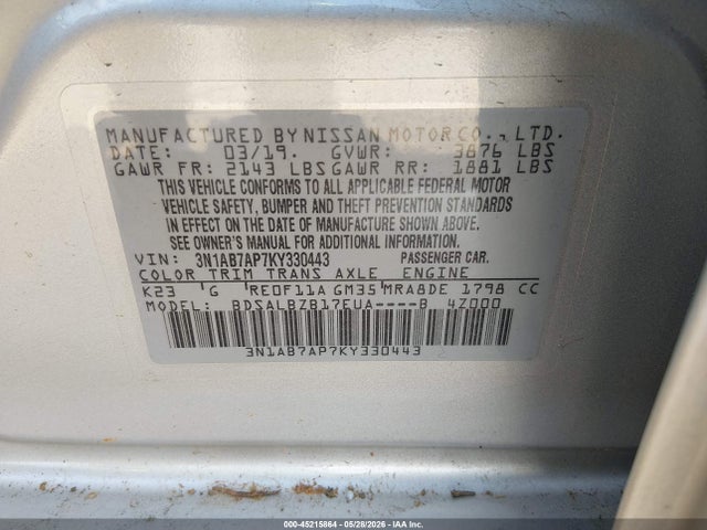 Aukcja sprzedaży 2019 Nissan Sentra S, vin: 3N1AB7AP7KY330443, numer aukcji: 45215864