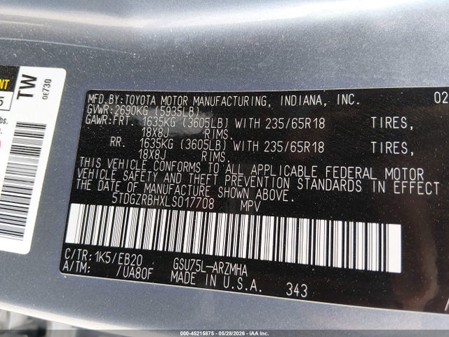 45215875 :رقم المزاد ، 5TDGZRBHXLS017708 vin ، 2020 Toyota Highlander Xle مزاد بيع