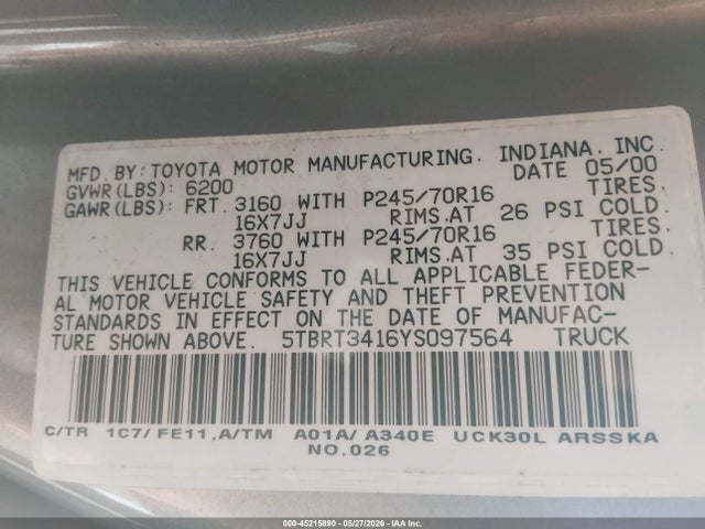 Продаж на аукціоні авто 2000 Toyota Tundra Sr5 V8, vin: 5TBRT3416YS097564, номер лоту: 45215890