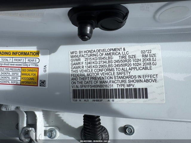 2022 Honda Pilot 2wd Touring 7 Passenger მანქანა იყიდება აუქციონზე, vin: 5FNYF5H69NB016231, აუქციონის ნომერი: 45215900