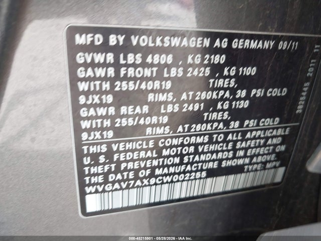 Продажа на аукционе авто 2012 Volkswagen Tiguan Sel, vin: WVGAV7AX9CW002255, номер лота: 45215901