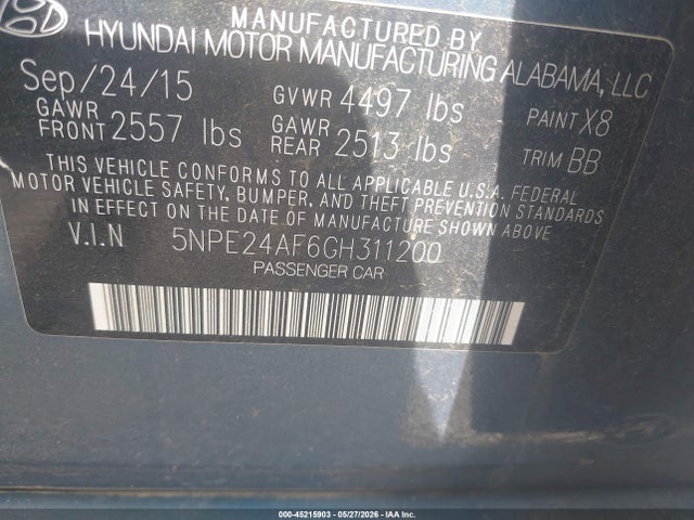 Aukcja sprzedaży 2016 Hyundai Sonata Se, vin: 5NPE24AF6GH311200, numer aukcji: 45215903