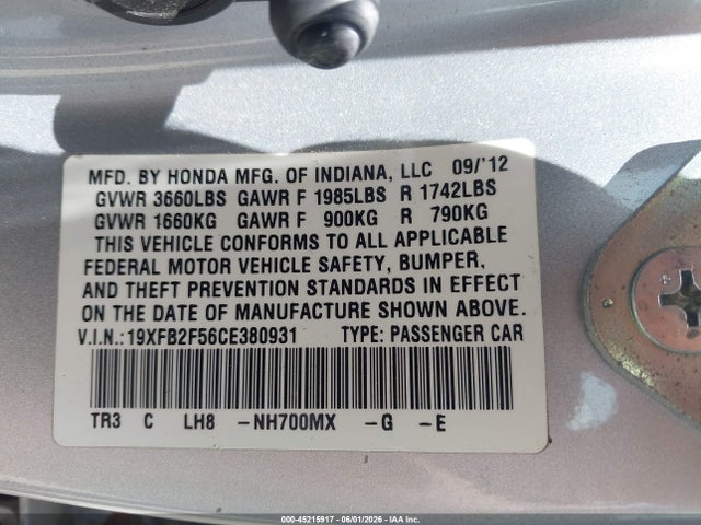 45215917 :رقم المزاد ، 19XFB2F56CE380931 vin ، 2012 Honda Civic Lx مزاد بيع