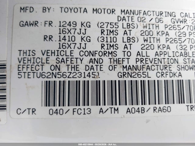 Aukcja sprzedaży 2006 Toyota Tacoma Prerunner V6, vin: 5TETU62N56Z231451, numer aukcji: 45215944