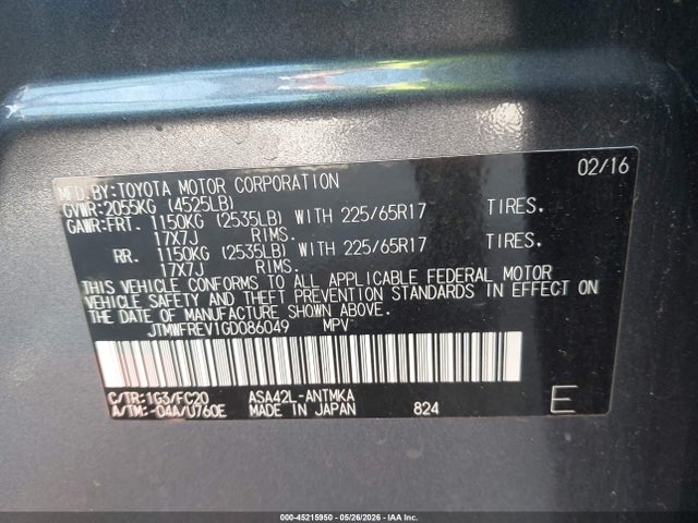2016 Toyota Rav4 Xle მანქანა იყიდება აუქციონზე, vin: JTMWFREV1GD086049, აუქციონის ნომერი: 45215950