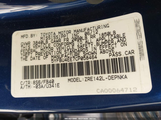 Aukcja sprzedaży 2012 Toyota Corolla Le, vin: 5YFBU4EE7CP058464, numer aukcji: 45215966