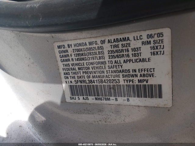 Aukcja sprzedaży 2005 Honda Odyssey Ex, vin: 5FNRL38415B420253, numer aukcji: 45215975