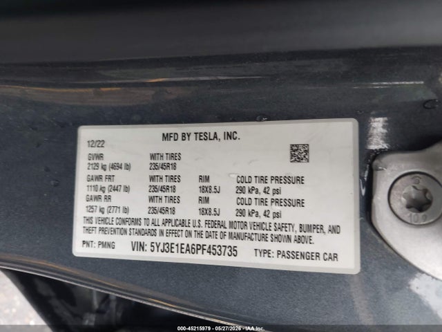 45215979 :رقم المزاد ، 5YJ3E1EA6PF453735 vin ، 2023 Tesla Model 3 Rear-wheel Drive مزاد بيع