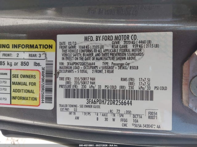 Aukcja sprzedaży 2013 Ford Fusion Se, vin: 3FA6P0H72DR256644, numer aukcji: 45215981