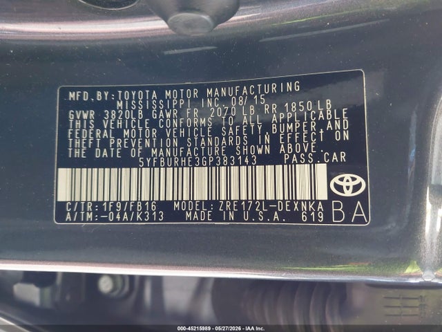 2016 Toyota Corolla Le მანქანა იყიდება აუქციონზე, vin: 5YFBURHE3GP383143, აუქციონის ნომერი: 45215989