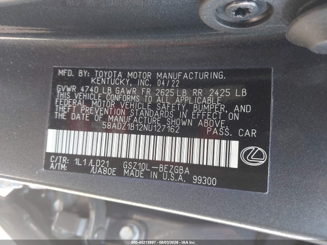 Aukcja sprzedaży 2022 Lexus Es 350, vin: 58ADZ1B12NU127162, numer aukcji: 45215997