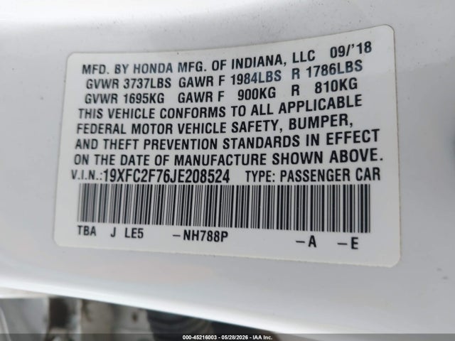 Aukcja sprzedaży 2018 Honda Civic Ex, vin: 19XFC2F76JE208524, numer aukcji: 45216003
