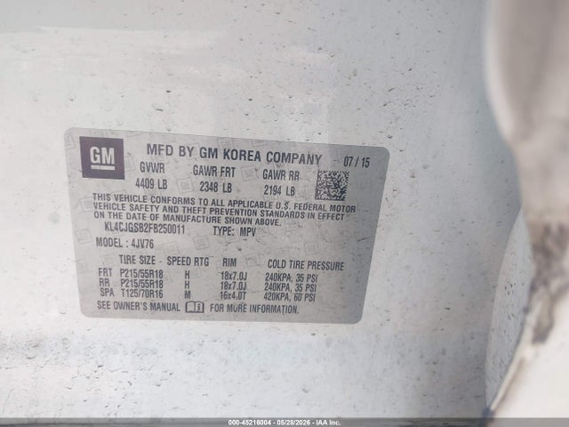 2015 Buick Encore Leather მანქანა იყიდება აუქციონზე, vin: KL4CJGSB2FB250011, აუქციონის ნომერი: 45216004