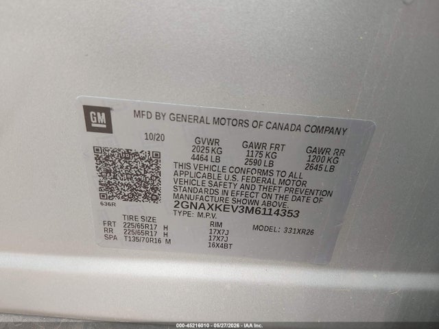 Aukcja sprzedaży 2021 Chevrolet Equinox Fwd Lt, vin: 2GNAXKEV3M6114353, numer aukcji: 45216010