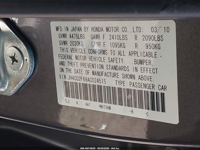 45216029 :رقم المزاد ، JH4CU2F69AC024515 vin ، 2010 Acura Tsx 2.4 مزاد بيع