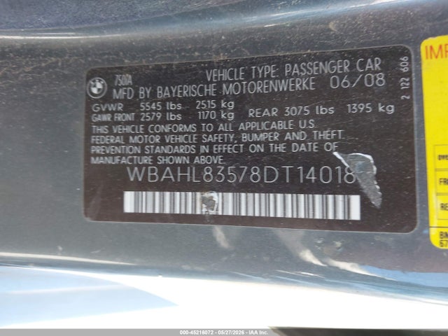 2008 Bmw 750i მანქანა იყიდება აუქციონზე, vin: WBAHL83578DT14018, აუქციონის ნომერი: 45216072