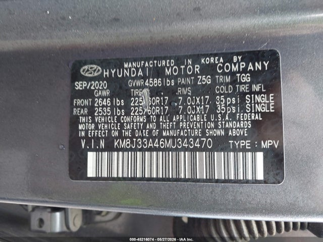 Aukcja sprzedaży 2021 Hyundai Tucson Value, vin: KM8J33A46MU343470, numer aukcji: 45216074