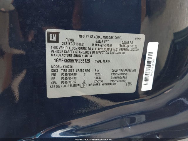 Продаж на аукціоні авто 2007 Cadillac Escalade Standard, vin: 1GYFK63857R235129, номер лоту: 45216082