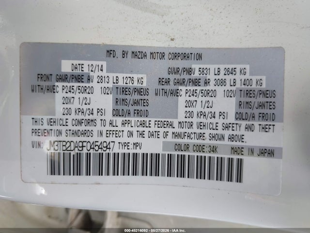 45216092 :رقم المزاد ، JM3TB2DA9F0454947 vin ، 2015 Mazda Cx-9 Grand Touring مزاد بيع