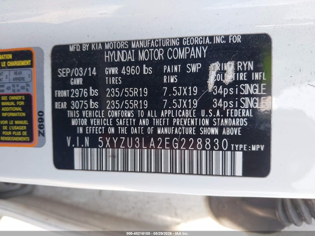 Продаж на аукціоні авто 2014 Hyundai Santa Fe Sport 2.0l Turbo, vin: 5XYZU3LA2EG228830, номер лоту: 45216100