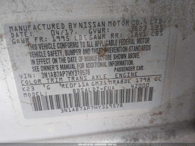 45216103 :رقم المزاد ، 3N1AB7AP7HY319578 vin ، 2017 Nissan Sentra Sv مزاد بيع