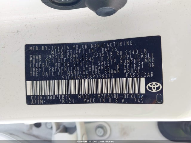 Auction sale of the 2025 Toyota Corolla Le, vin: 5YFB4MDE8SP328477, lot number: 45216110