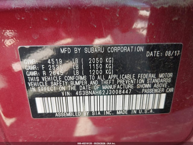 45216120 :رقم المزاد ، 4S3BNAH62J3008447 vin ، 2018 Subaru Legacy 2.5i Premium مزاد بيع
