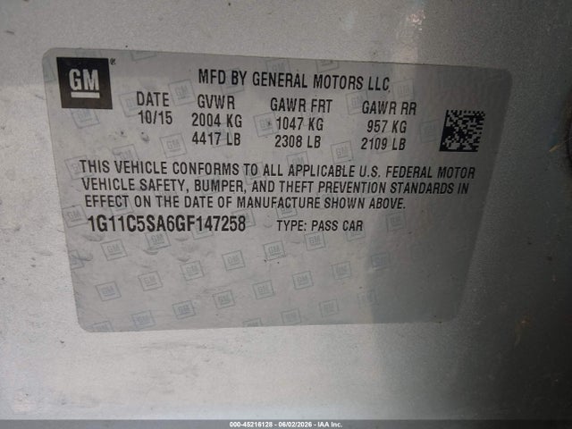 Aukcja sprzedaży 2016 Chevrolet Malibu Limited Lt, vin: 1G11C5SA6GF147258, numer aukcji: 45216128