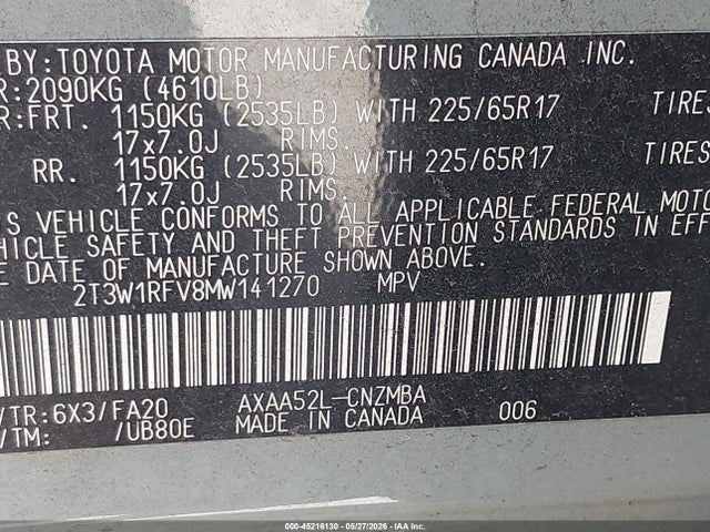 2T3W1RFV8MW141270 Toyota Rav4 Xle