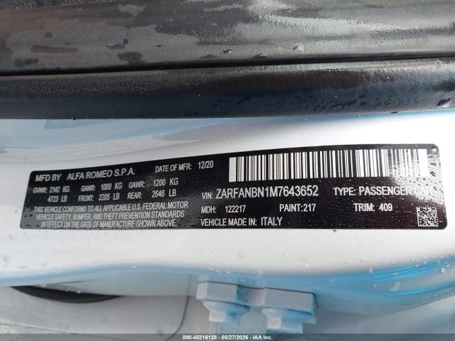 2021 Alfa Romeo Giulia Ti Awd მანქანა იყიდება აუქციონზე, vin: ZARFANBN1M7643652, აუქციონის ნომერი: 45216138