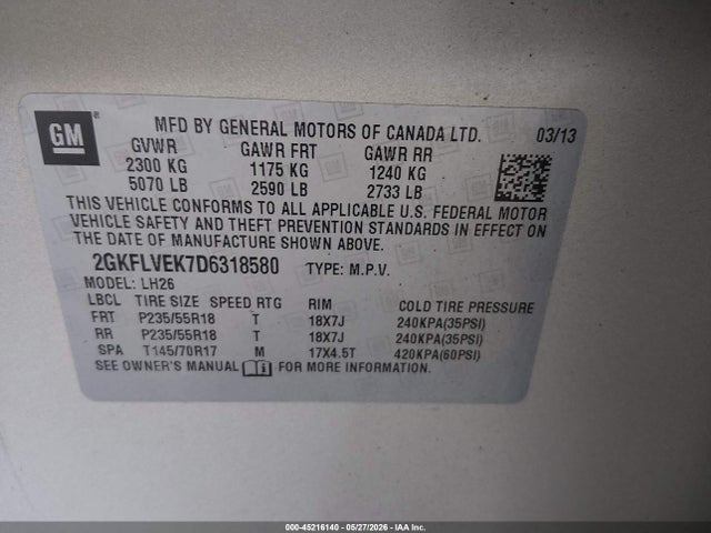 Продаж на аукціоні авто 2013 Gmc Terrain Slt-1, vin: 2GKFLVEK7D6318580, номер лоту: 45216140