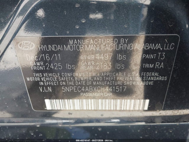 Продаж на аукціоні авто 2012 Hyundai Sonata Se 2.0t, vin: 5NPEC4ABXCH441517, номер лоту: 45216147