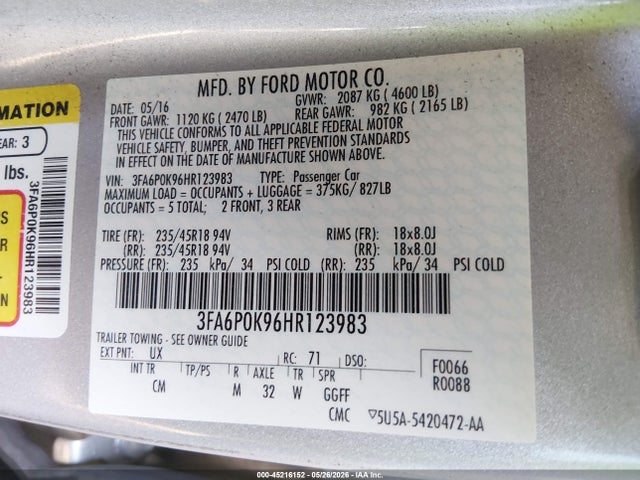 Aukcja sprzedaży 2017 Ford Fusion Titanium, vin: 3FA6P0K96HR123983, numer aukcji: 45216152
