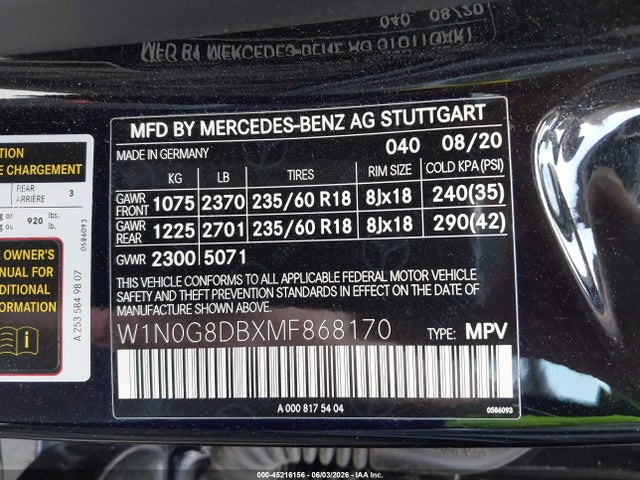 Auction sale of the 2021 Mercedes-benz Glc 300 Suv, vin: W1N0G8DBXMF868170, lot number: 45216156