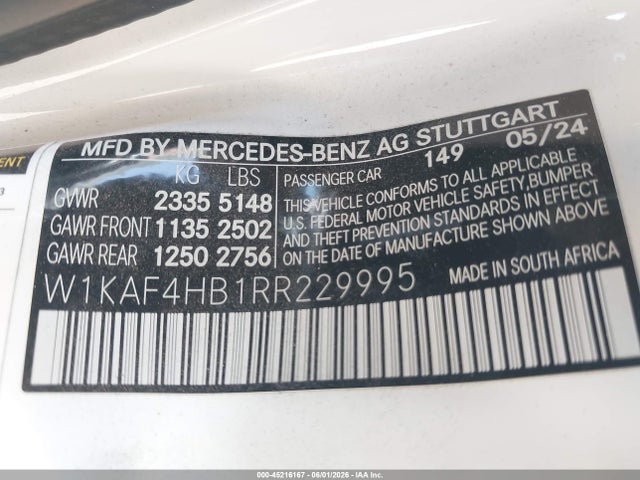 Aukcja sprzedaży 2024 Mercedes-benz C 300, vin: W1KAF4HB1RR229995, numer aukcji: 45216167