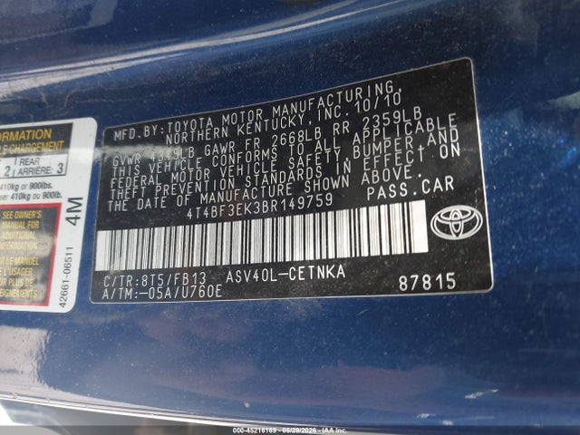 Aukcja sprzedaży 2011 Toyota Camry Le, vin: 4T4BF3EK3BR149759, numer aukcji: 45216169