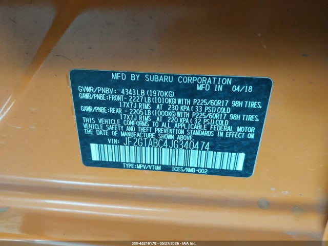Aukcja sprzedaży 2018 Subaru Crosstrek 2.0i Premium, vin: JF2GTABC4JG340474, numer aukcji: 45216178