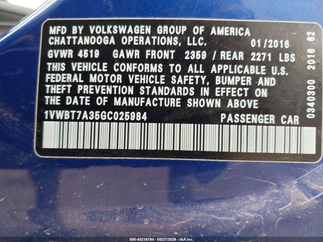 45216194 :رقم المزاد ، 1VWBT7A35GC025984 vin ، 2016 Volkswagen Passat 1.8t Se مزاد بيع