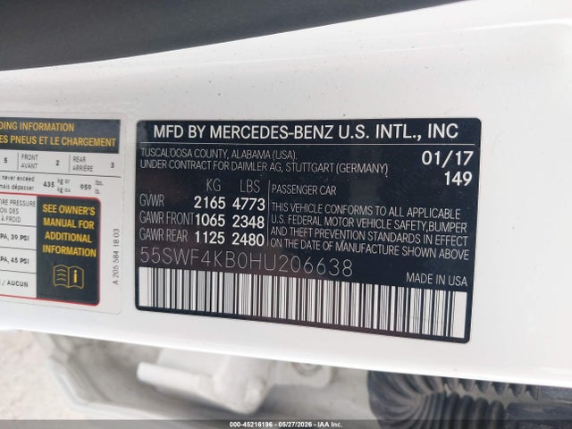 Auction sale of the 2017 Mercedes-benz C 300 4matic, vin: 55SWF4KB0HU206638, lot number: 45216196